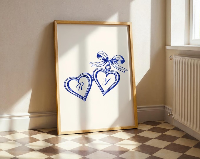 Impression d'art de médaillon initial de couple personnalisé, cadeau d'anniversaire personnalisé, imprimé et expédié, cadeau de la Saint-Valentin, art mural pour couples