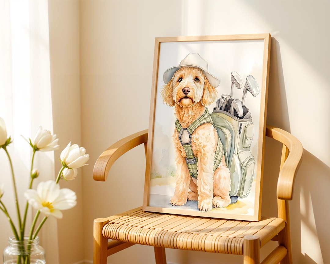 Goldendoodle Golf Art, Nursery Wall Decor, Dog Playing Golf Print