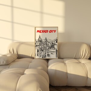 May include: A black and white line drawing of the Mexico City skyline with the text "MEXICO CITY" in red letters on a white background.