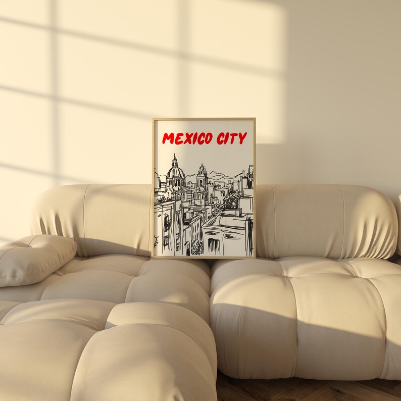 May include: A black and white line drawing of the Mexico City skyline with the text "MEXICO CITY" in red letters on a white background.