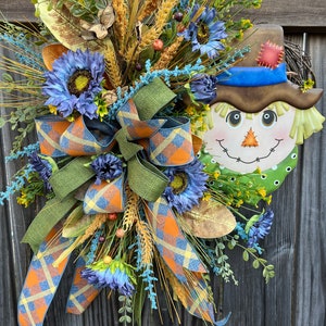 Scarecrow Wreath, Fall Front Door Decor, Autumn Harvest Wreath with Blue Sunflowers