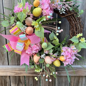 Easter wreath,  Spring Wreath, Pink hydrangeas wreath, Easter egg wreath, Front door wreath, grapevine wreath
