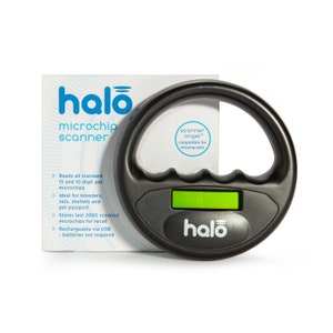 May include: Black handheld microchip scanner with a green screen and the word "halo" in white lettering. The scanner is compatible with 15 and 10 digit pet microchips. The packaging says "scanner angel compatible for missing pets".