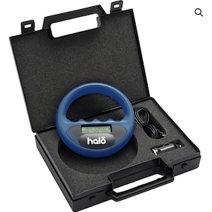 May include: A blue handheld microchip reader with a digital display and the word "halo" printed on it. The reader is in a black carrying case with a zipper.
