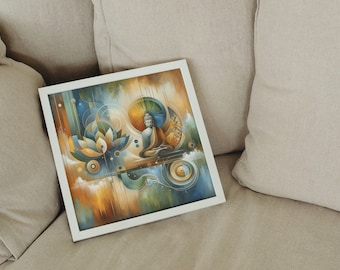 May include: A framed abstract painting with a white frame. The painting features a blue and green lotus flower, a seated figure, and a swirling background of gold, blue, and green.