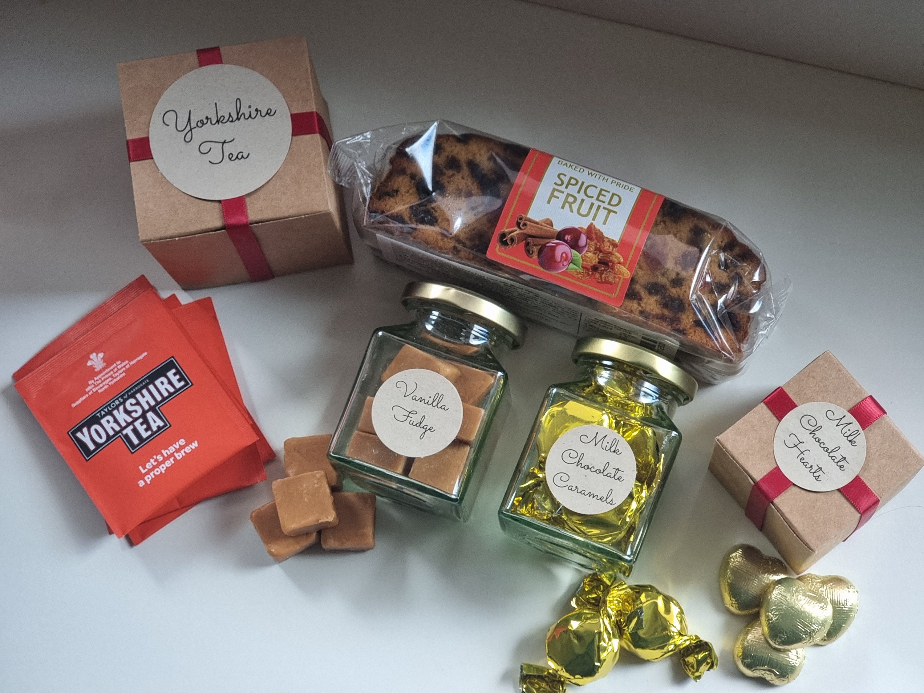 Tea Hamper Yorkshire Tea, Chocolate Hearts, Vanilla Fudge, Spiced Fruit