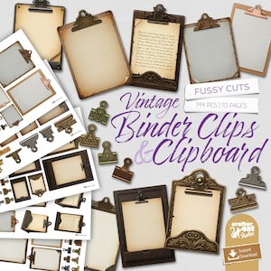 Clipes e pranchetas vintage para fichário, cortes sofisticados, materiais de escritório retrô para diários antigos, itens efêmeros para impressão em scrapbooking, download instantâneo