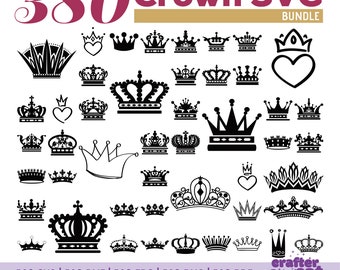 Puede incluir: Un conjunto de 380 diseños de coronas SVG en blanco y negro. Las coronas son de varios estilos, incluyendo simples, ornamentadas y caprichosas. Los diseños son perfectos para manualidades, scrapbooking y otros proyectos creativos.