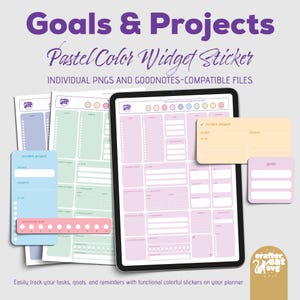 Pastellfarbe Ziele & Projekte Widget Aufkleber, vorgeschnittene GoodNotes Aufkleber, vollständig mit Hyperlink versehenes Stickerbuch für GoodNotes, individuelle PNGs
