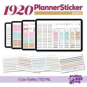 Puede incluir: Un paquete de pegatinas digitales para planificadores con 1920 imágenes PNG. El paquete incluye una variedad de formas, pinceles y cinta washi en cinco paletas de colores: rosa, azul, verde, marrón y morado. El texto "1920 Planner Sticker Bundle" está en la parte superior de la imagen.