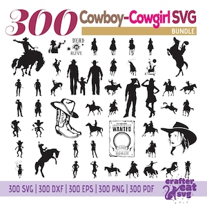 300 Cowboy & Cowgirl Svg Bundle - Cowgirl Cowboy Svg, Dxf, Eps, Png, Pdf - Cowboy Cut File - Cricut - Silhouette - Western Vector Clipart