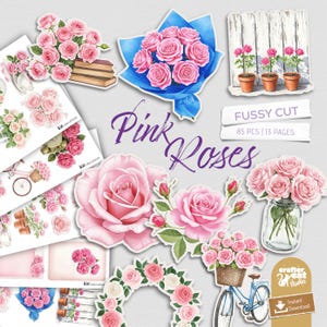 Pinke Rosen Fussy Schnitt, 85 stücke Ephemera Kit, Vintage druckbare Rosen, Junk Journal & Scrapbook Kit, rosa Blumen Clipart, sofortiger Download