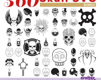 360 Skalle Svg Bundle - Skelett Svg - Skalle Svg, Dxf, Eps, Png, Pdf - Skalle Skärmfil - Cricut - Silhuett - Skalle Clipart - Skelettvektor