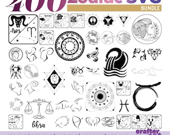 Puede incluir: Un conjunto de archivos SVG con temática de zodiaco en blanco y negro. La imagen incluye varios símbolos del zodiaco, constelaciones y el texto "400 Zodiac SVG Bundle". Los formatos de archivo incluyen SVG, DXF, EPS, PNG y PDF.