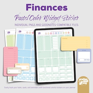 Pegatinas de widgets de finanzas en colores pastel, pegatinas precortadas de GoodNotes, libro de pegatinas con hipervínculos completos para GoodNotes, PNG individuales