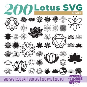 Pacchetto Svg di 200 fiori di loto - ZenSvg - Fiore Svg, Dxf, Eps, Png, Pdf - File di taglio fiore di loto - Cricut - Silhouette - Clipart di meditazione