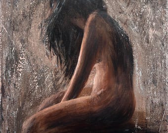 May include: An oil painting depicts a nude figure in a seated position, with long dark hair obscuring the face. The artwork uses a muted brown and gray color palette, with visible brushstrokes creating a textured effect. The artist's signature is in the lower right corner.