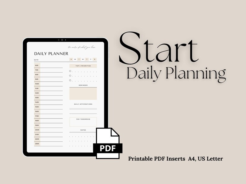 Printable Daily Planner, A4 Size and US Letter Pdf Planner, Goodnote Planner, Hourly Schedule