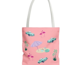 May include: A pink tote bag with a white handle features a repeating pattern of turquoise cars, pink flamingos, palm trees, and beach accessories.