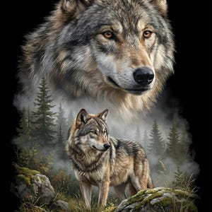 May include: A detailed illustration of two wolves against a black background. The top half features a close-up of a wolf's head, while the bottom half shows a full wolf standing in a forest setting with trees and rocks.