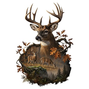 以下が含まれることがあります： 大きな角を持つ雄大なシカの詳細なイラスト。森のシーンを背景にしています。このアートワークは、3頭のシカ、秋の葉、霧のかかった森を特徴としています。カラーパレットには、茶色、緑、オレンジが含まれています。