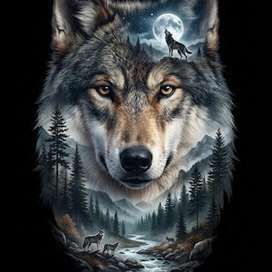 May include: A detailed illustration of a wolf's face, with a forest and mountain scene within its form. The image includes wolves, trees, a river, and a full moon in a night sky, all set against a black background.