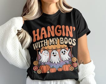 Grappige hangende geesten Halloween-png, shirtontwerp Hangin&#39; With My Boos, schattige pompoenvleermuis digitale download
