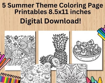 Página para colorir com tema de verão para impressão, download digital, livro de atividades para colorir de verão para adultos ou crianças em papel de tamanho 8,5 x 11 polegadas