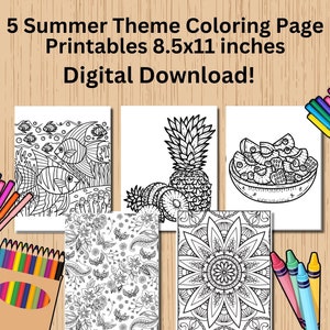 Summer theme coloring page printable digital download summer coloring book activity book for adults or children on 8.5x11 inch size paper