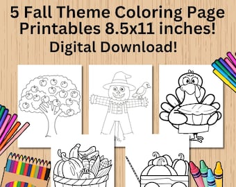May include: Five black and white coloring pages with fall themes. The pages include an apple tree, a scarecrow, a turkey holding a pie, a basket of vegetables, and a wagon full of pumpkins. The pages are 8.5x11 inches and are available for digital download.
