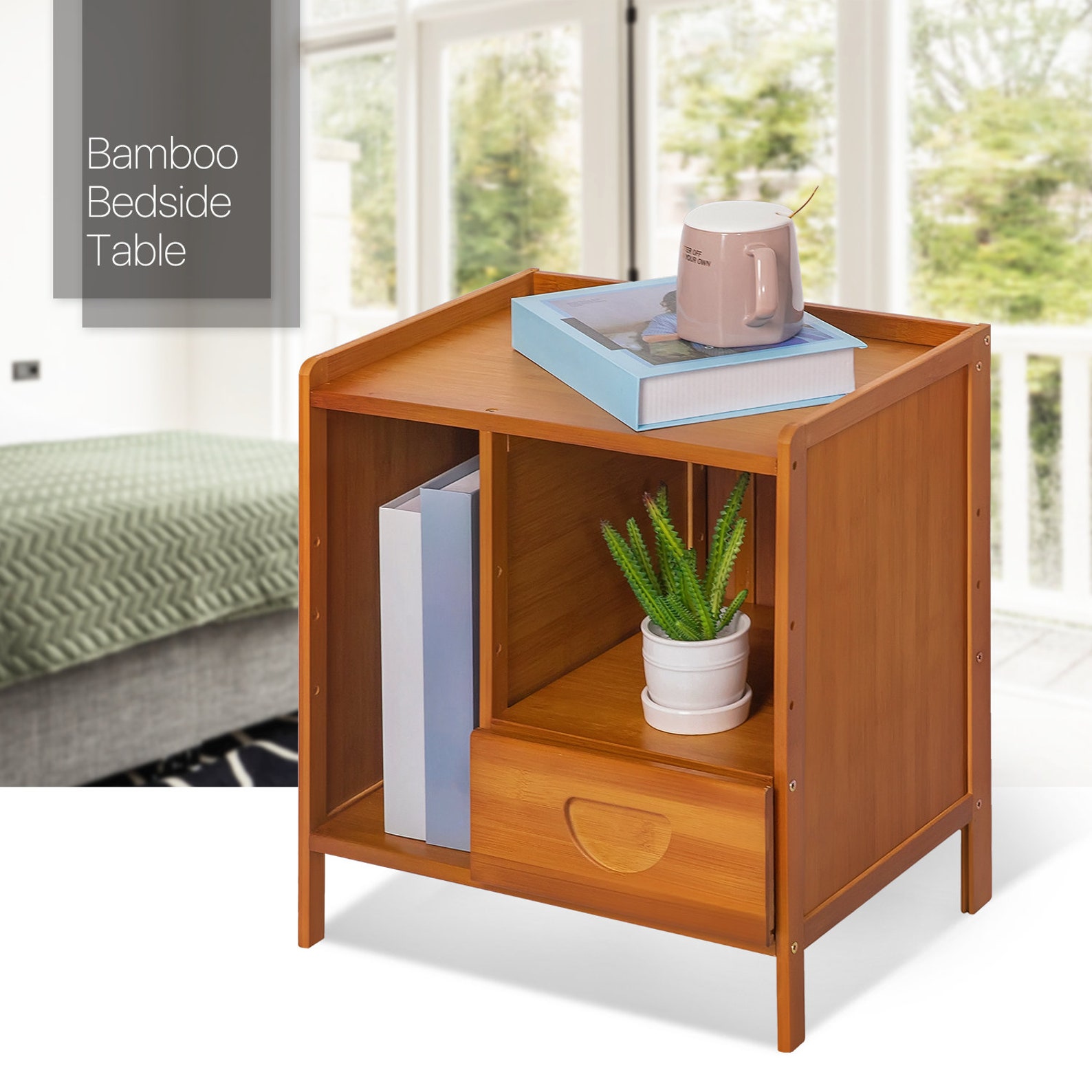 Large Bamboo Nightstand Openshelf Storage Bedroom Bedside