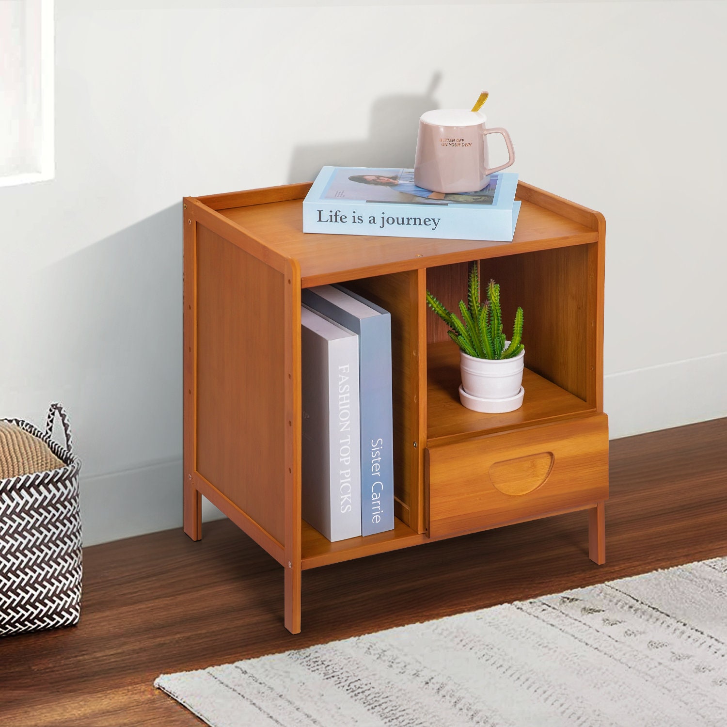 Large Bamboo Nightstand Openshelf Storage Bedroom Bedside