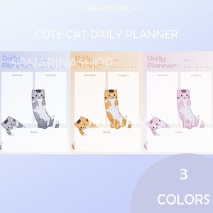 Op de afbeelding: Drie dagelijkse plannerpagina's met een schattig kattenontwerp. De pagina's zijn in drie verschillende kleuren: grijs, oranje en roze. Elke pagina heeft secties voor planning, dringend en notities.