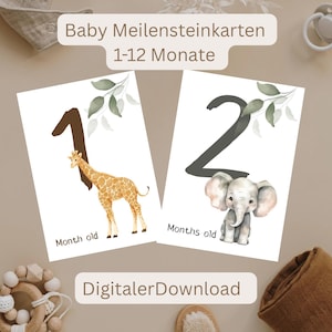 Könnte beinhalten: Zwei Meilensteinkarten für Babys mit dem Text "Baby Meilensteinkarten 1-12 Monate". Eine Karte zeigt eine Giraffe und die Zahl 1, die andere einen Elefanten und die Zahl 2. Beide Karten tragen die Aufschrift "Monate alt".