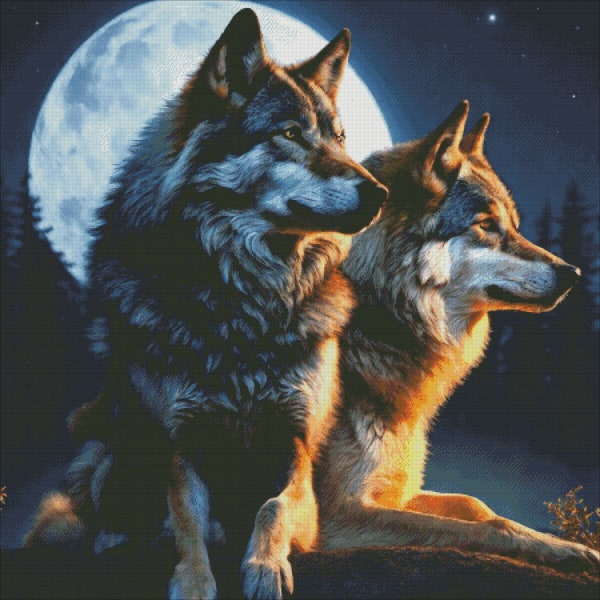 Dwa wilki, two wolves, pełnia, full, księżyc, moon, cross stitch pattern, Wzór do haftu krzyżykowego, PDF, XSD,SAGA, counted embroidery