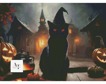 Cat in Halloween town, Cross stitch pattern, Pattern for cross stitch, PDF, XSD, SAGA