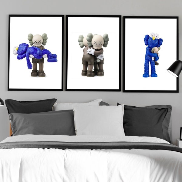 Hypebeast Kaws Toy Posters Set de 3, Kaws Figure Arte de pared imprimible, Decoración minimalista de Hypebeast, Azul y gris, Regalo para novio