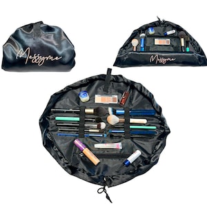 Messyme Makeup Bag Organizer Magic Cosmetics Pouch Drawstring Makeup Bag Opens Lay Flat for Skin Care with Brush Holder Black