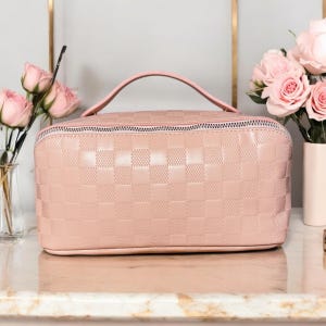 Pink Leather Makeup Bag | Bridesmaid Cosmetic Pouch | Elegant Gift for Her | Christmas Gift | Beauty Organizer