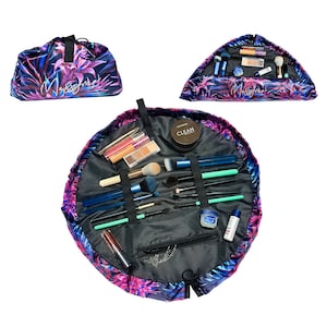 Messyme Makeup Bag Organizer Magic Cosmetics Pouch Drawstring Makeup Bag Opens Flat for Skin Care with Brush Holder Tropical BluePink Flower
