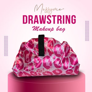 Messyme Makeup Bag Organizer Magic Cosmetics Pouch Drawstring Makeup Bag Opens Lay Flat for Skin Care with Brush Holder Pink Leopard