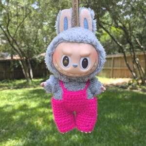Labubu crochet clothes pattern, 3 in 1 No Sew PDF - Dress, overalls, shoes, Labubu doll outfit