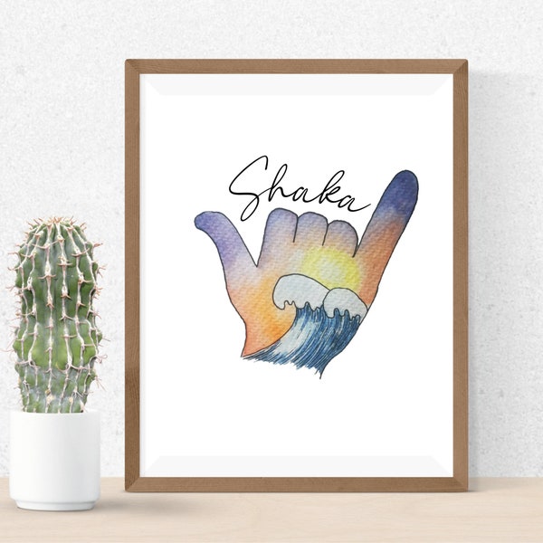 Surfer's Sunset Shaka Hand Watercolor Painting | Digital print