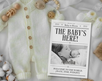 Plantilla de periódico para anuncio de bebé, periódico para baby shower, editable en Canva, letrero de llegada de bebé, anuncio de embarazo, póster para revelar el género.