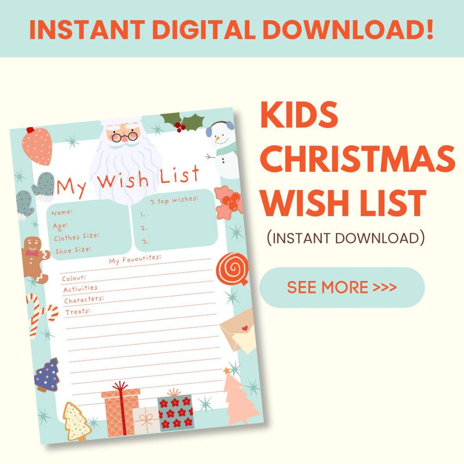 Kids Christmas Wish List, Printable Kids Santa Letter Template, Holiday