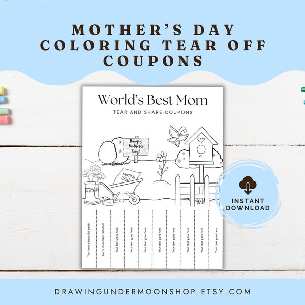 Mother's Day Coloring Tear Off Coupons for Treats and Services, Creative and Unique Gift for Mom, Printable Flyer PDF, Handmade Gift for Mom