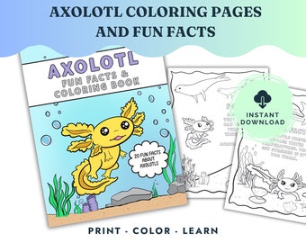 Puede incluir: Un libro para colorear imprimible con una axolotl, un tipo de salamandra, con el título "Axolotl Fun Facts & Coloring Book". El libro incluye 20 datos divertidos sobre las axolotls.