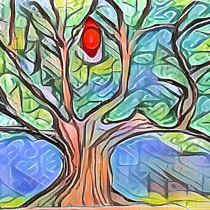 Può includere: Opera d'arte digitale astratta di un albero con un oggetto rosso appeso ai suoi rami. Il tronco dell'albero è marrone, con fogliame verde e blu. L'opera d'arte ha uno stile pittorico con pennellate visibili.