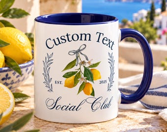 Personalized Italian Lemon Mug, Custom Text Social Club Mug, Amalfi Coast Coffee Mug, Positano Italy Gift, Mediterranean Accent Mug