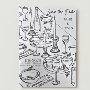Handgezeichnete schwarz + weiße, minimale Skizze - Save the Date Einladung Minimal, schrullige französische romantische Dinnerparty, Weineinladung